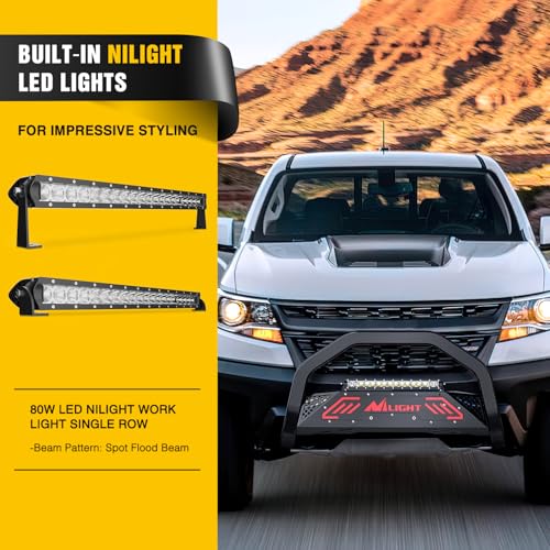 Image of Nilight Bull Bar with Light fits Chevy Colorado (Excl. ZR2) 2015-2022 & GMC Canyon 2015-2022 Front Bumper Grille Brush Push Guard with Skid Plate Licence Plate Hole Black