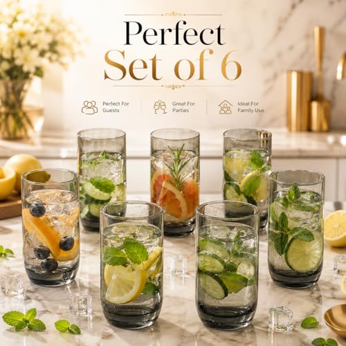 Image of bellemax 250 ML Premium Juice Glasses Drinking Glasses,Highball Lead-Free Glasses,Tumblers for Water,Juice,Beer,Cocktail and Mixed Drinks - 6 Pieces,Transparent (BM- 15)