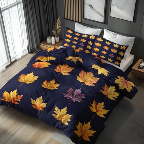 Blättermotiv Bettwäsche 140x200 Bügelfreie - Blätter Herbst Blau Gelb...