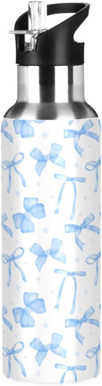 Blueangle 20oz Blue Ribbon Bow Water Bottle, Double Wall Vacuum Stainless Steel Water Bottle Leak-Proof Sports Bottle for Camping Workouts Gym and Outdoor