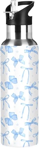 Blueangle Botella de agua de 20 onzas con lazo de cinta azul, doble pared al vacío, botella de agua de acero inoxidable a prueba de fugas, botella