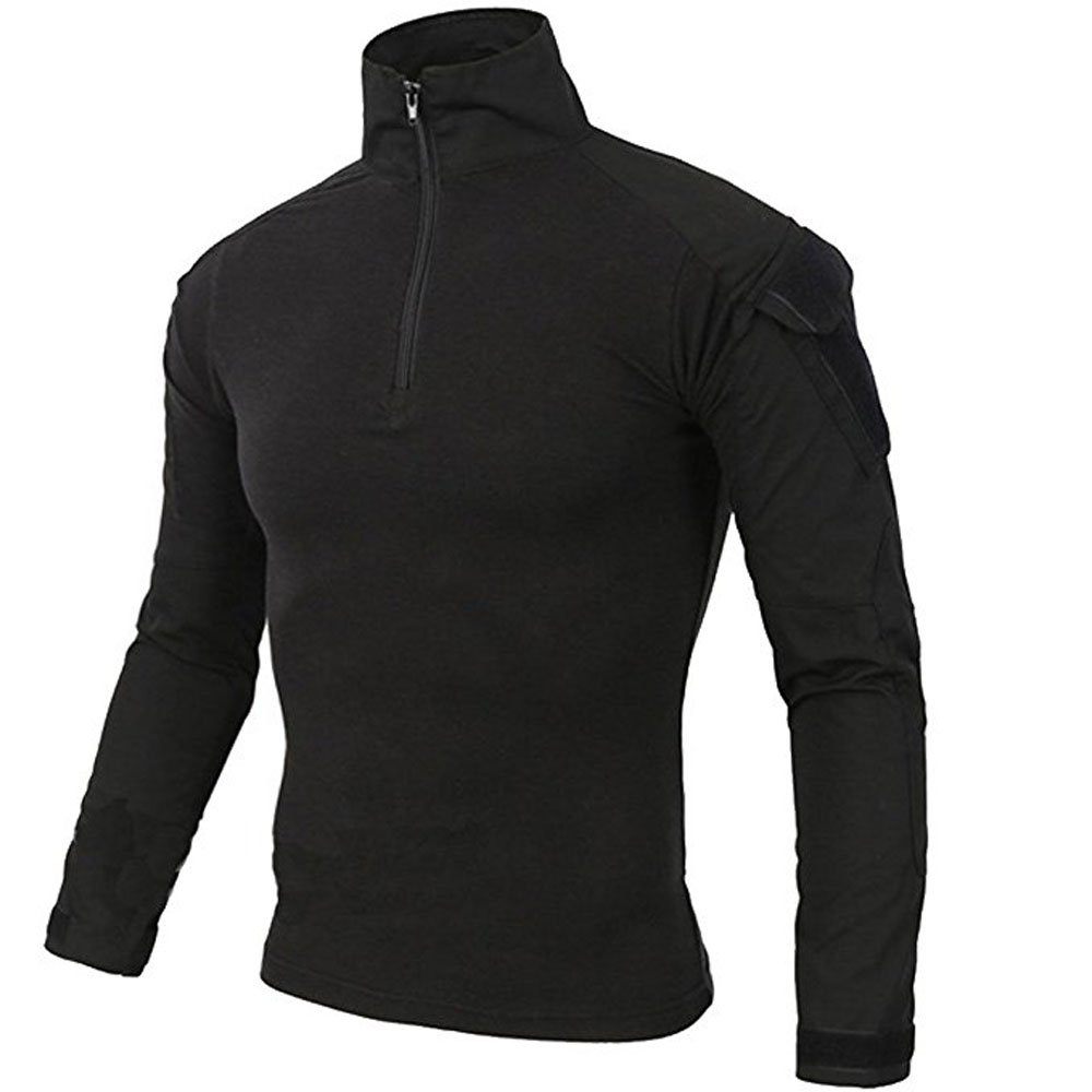 Lilychan Men's Black Lilichan Long Sleeve Tactical Military T-Shirt Outdoor Shirt Combat Shirt With Zipper (, Uk M(Fit Chest:36"-39"))