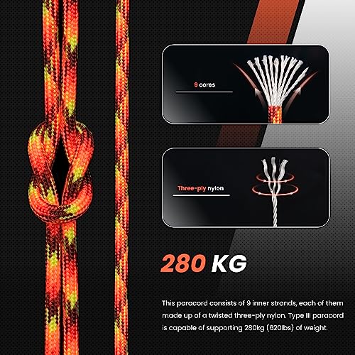 Abma Cord Paracord 620 lbs 4mm 9 Strands 100% Nylon 30M - Fireball, Multi Color-fireball, 30 Meters - Image 3