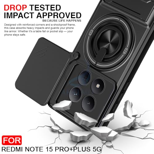 Image of AESTMO Redmi Note 15 Pro Plus 5G Back Cover | Armor Camera Slider 360 Degree Rotating Finger Ring Holder Case with Bracket Stand Back Case Cover (Compatible with MagSafe Accessories) (Black)