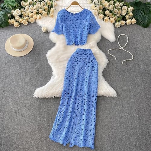 Women Hollow Out 2 Piece Set Round Neck Short Sleeves And Elastic Waist Solid Color Slim Skirt4