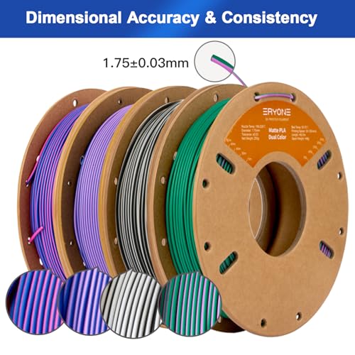 Image of ERYONE Matte PLA Filament Bundle, 1.75mm + /-0.03 mm, Matte Dual Color 3D Printer Filament 0.25kg /Spools, 4 Packs(2.2lbs), Black /White, Red Purple /Green, Pink /Blue, Blue /Purple