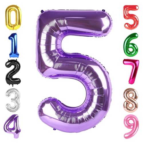 Image of 40 Inch Purple Number 5 Balloon Birthday Party Decorations for Men & Women | 40 Inch Purple inflatable foil number balloons, large birthday decorations for 5th birthday