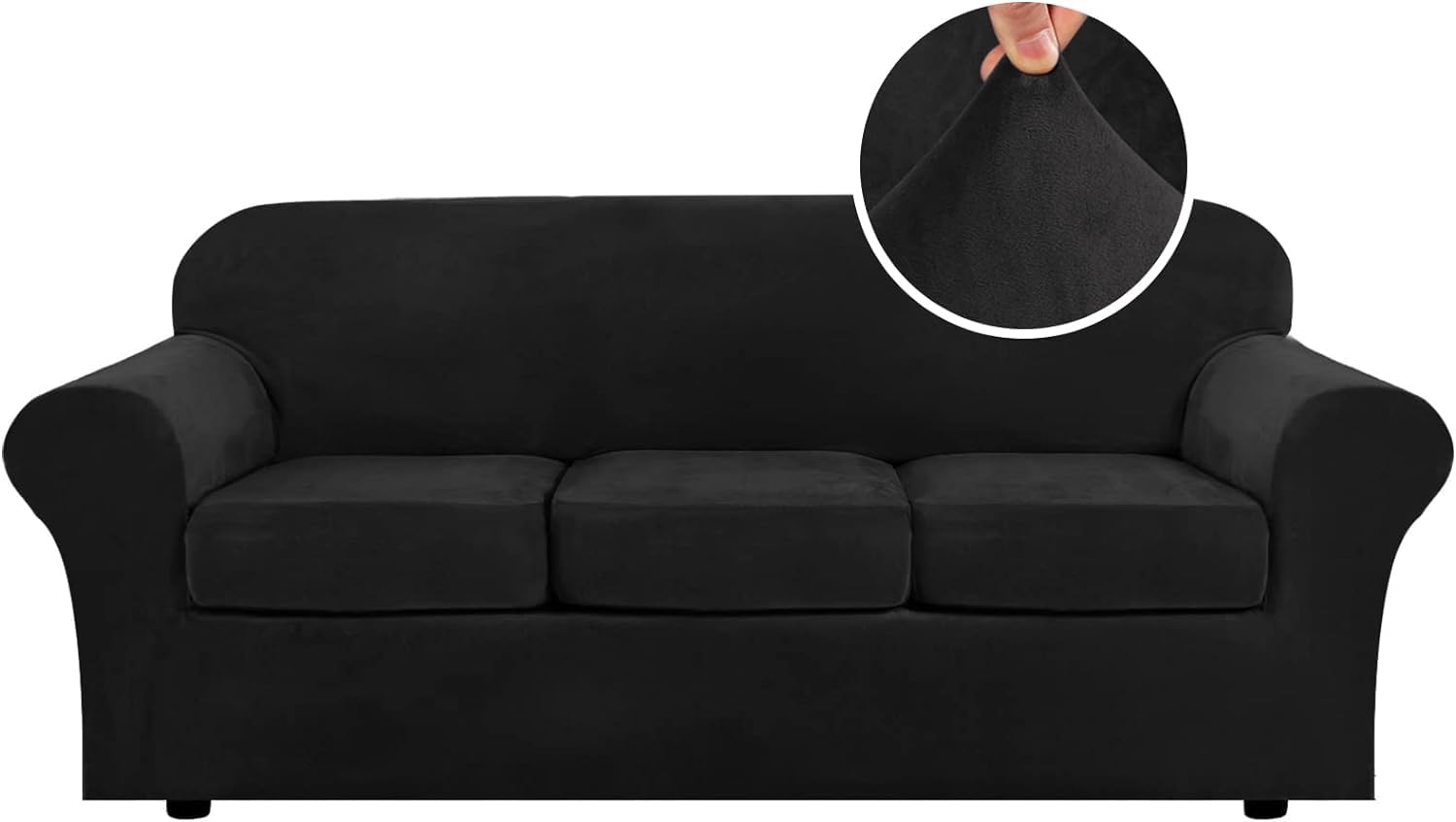 LINGKY Velvet Sofa Cover 3 Seater With 3 Separate Sofa Seat Cushion Covers, Stretch Couch Cover Non-Slip Sofa Slipcovers for Living Room Furniture Protector (Black,3 Seater)