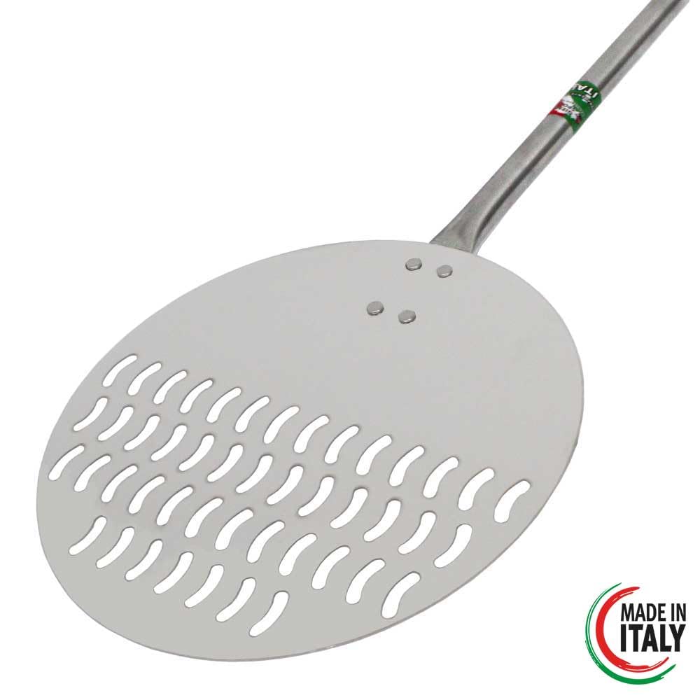 GIEMME Pala para girar la pizza - plato perforado ø 22 cm - Perilla deslizante intermedia - Acero inoxidable AISI 304 (mango 120 cm)