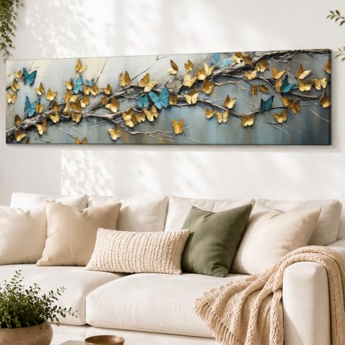 Image of Large Stretched Canvas Painting, Panel Wall Painting Blue and yellow Butterfly Luxury Paintings for Home Decoration, Living room, Bedroom and Office Decor - Gold, 12x46 Inch