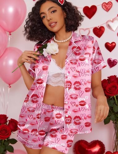 Image of Ekouaer Womens Satin Silk Pajamas Set Short Sleeve Sleepwear Button Down Top and Shorts Loungewear 2 Piece Pjs Set S-XXL Lip Print Heart Large