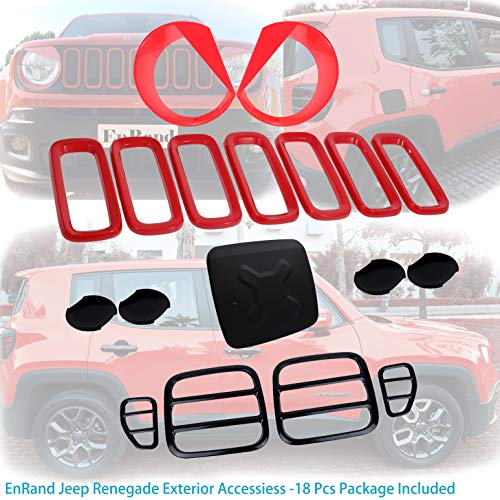 EnRand Door Handle Cover,Gas Tank Cover,Tail Light Cover Guard,Front Light Bezel Headlight Cover Trim and Front Grill Grille Inserts for Jeep Renegade - 18pcs Red &Black