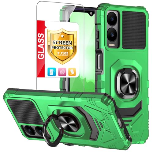 TJS Compatible for Cricket Debut S3 (U572AC) Case, AT&T Vista 2 (U572AA) Case, with Tempered Glass Screen Protector, Metal Ring Magnetic Support Kickstand Heavy Duty Drop Protection Phone Case (Green)