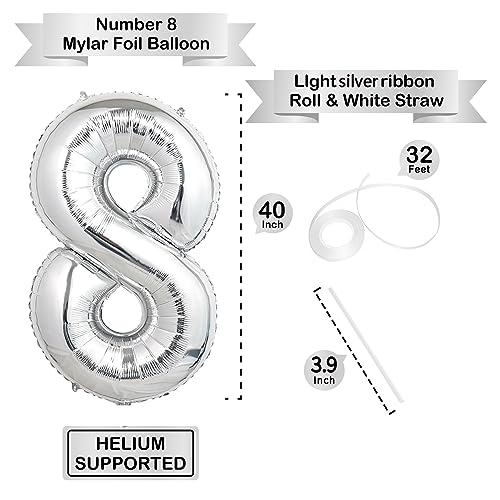 Image of 40 Inch Silver Number Balloons, Helium Mylar Foil Number Balloons for Birthdays, Number 8 Balloon for Party Wedding Bachelorette Birthday Bridal Shower Graduation Anniversary Celebration Party Decorations Supplies