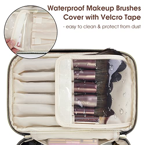 Travel Makeup Bag with Brush Compartment, Large Cosmetic Bags, PU Leather Makeup Case with Handle - Image 2