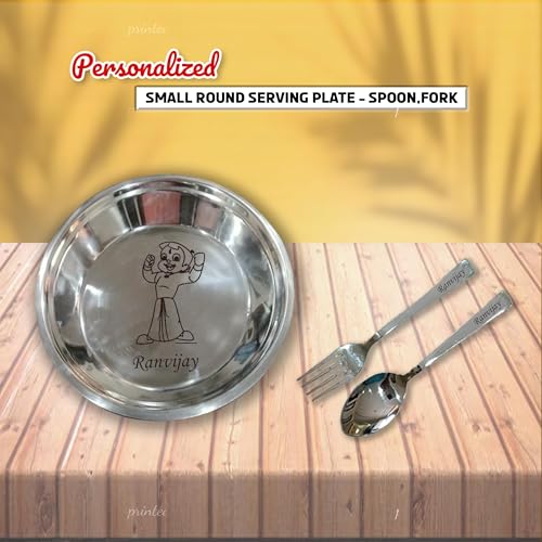 Image of SAVRI Personalized Stainless Steel Round Plate with Spoon & Fork with Name & Design Engraved. for Home Kitchen, Best for Return Gift, Schools (Round)