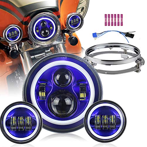 Atubeix 7" Inch Halo LED Motorcycle Headlight+4.5" inch Fog Passing Lights and Mounting Ring Kit fit for Electra Glide Street Glide Road King Heritage Softail Ultra Limited (Blue)