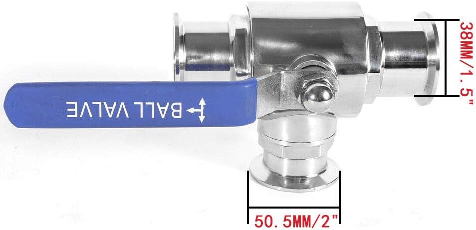 1.5"(1.5inch) Tri Clamp Sanitary ball Valve,3 way Tee ball Valve T Port,PTFE Lined and Triclamp Triclover Stainless Steel 304,Tri Clover Ferrule with 3 pcs silicone gasket