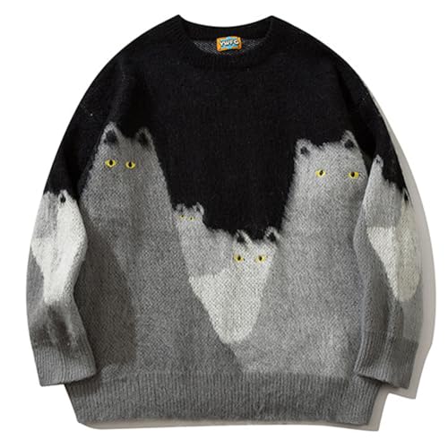 Streetwear Knitted Sweater Men Oversized Pullovers Cat Pattern Sweaters Spring Autumn