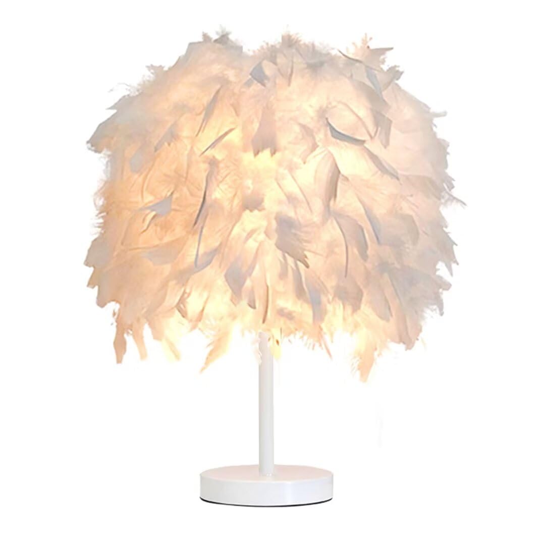 GUANSHAN White Feather Table Lamp Bedside Lamp Table Light Desk Feather Lampshade for Bedroom, Home Decoration, Photography Props, Style 2，M