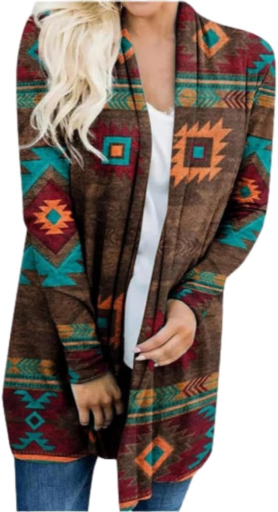 Women's Boho Aztec & Paisley Printed Open Front Cardigan, Long Sleeve Multicolor Ethnic Pattern Casual Layering Jacket