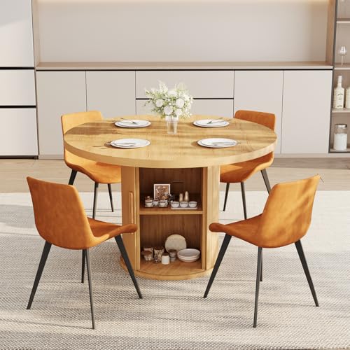 Image of HIPIHOM 5-Piece Dining Set for Small Spaces 43.3 inch Round Table & 4 PU Leather Chairs, Modern Farmhouse with Storage Shelf, Apartment Kitchen Easy Assembly (Natural Color Round Table + 4 Brown Chairs)