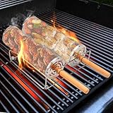 AROMUJOY 2 Stück Rollender Grillkorb Set, Zylindrischer Rotierender Grillkorb Edelstahl 304 mit Abnehmbarer Holzgriff und Halterung, GrillZubehör für Outdoor-Grill, Gemüse, Fleisch Garnelen