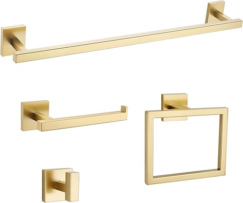 Lairuier Juego de accesorios de baño de 4 piezas, color negro mate con toallero, anillo para toallas, soporte para papel y gancho para bata (oro