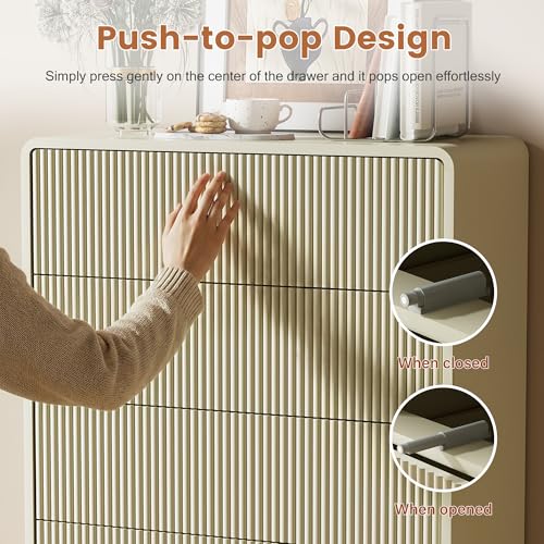 Image of Furniway Bedroom Dresser Set 3 Piece, 5 Drawer Curved Dresser with 2 Nightstands, Modern Fluted Wood Storage Cabinet, White Chest of Drawers with Pop-Up Design, Beige