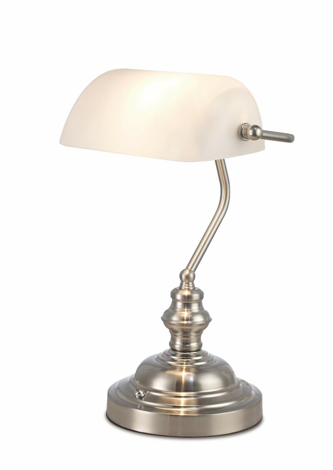 CEW COLCHESTER ELECTRICAL WHOLESALE LTD Deco Morgan Bankers Lamp Table Desk Lamp Satin Nickel White Glass Shade