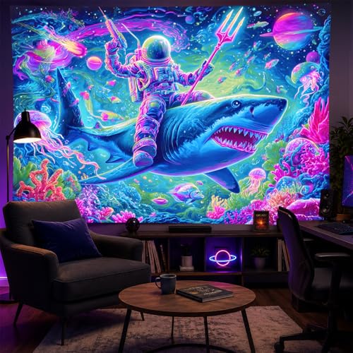 Image of BlissYard Neon Space Astronaut Shark Black Light Tapestry UV Reactive Psychedelic Underwater Galaxy Wall Hanging for Living Room Bedroom Dorm Room Bar Party Decor 78x59 Inch