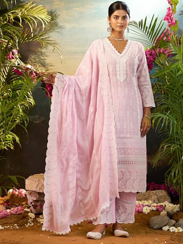 Image of INDO ERA Women's Straight Pure Cotton Ethnic Motifs Embroidered Kurta & Pant with Dupatta Set (IEOUT10190)