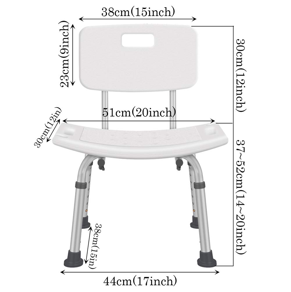 Ergonómico Blanco Silla de Ducha con Respaldo y Teras Antideslizantes,Ensamblaje Sin Herramientas Taburete de Ducha-Regulable en Altura,para Ancianos y Discapacitados