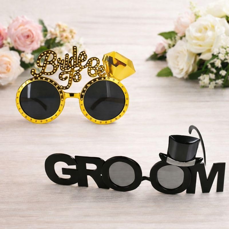 amfin {Pack of 2) Bride to Be & Groom Sunglasses for Wedding | Bridal Shower Couple Glasses with Rhinestones | Engagement Mehndi Bachelorette Props | Photo Booth - Golden Black-picture-0