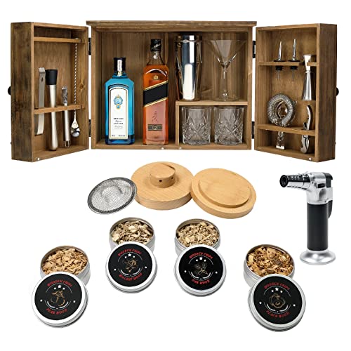 Excello Global Barschrank mit 16-teiligem Bar-Set mit Cocktail-Smoker, rustikales Braun Cover