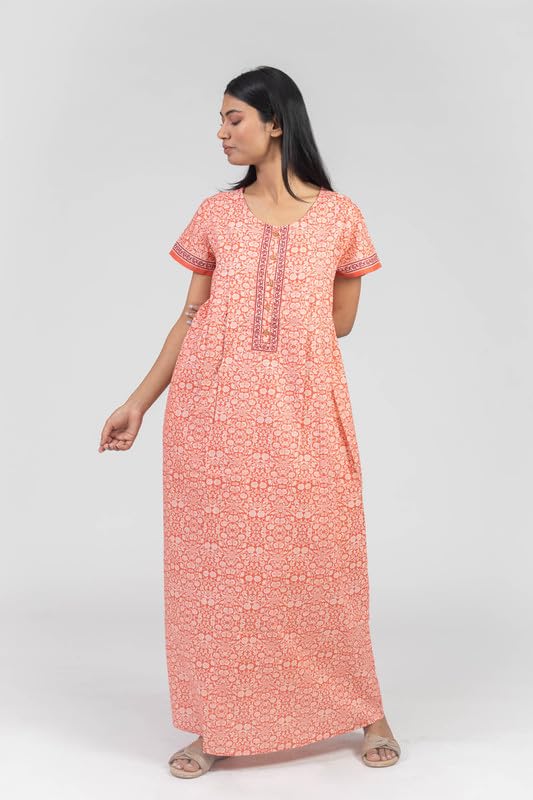 Image of NIHSAMAH Core Style Cotton Night Gown for Women with Pockets | Premium Printed Long Cotton Nighty | Comfortable & Fancy Sleepwear /Nightwear - L (Peach Colour)