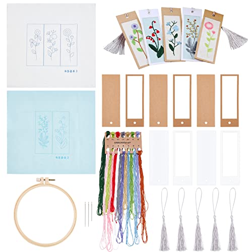 AHANDMAKER Embroidery Bookmark Set, Floral Plant Stamped Embroidery Bookmark for Starter Adults DIY Counted Cross Stitch Kit with Needle Tassel Cards Embroidery Hoop Instructions