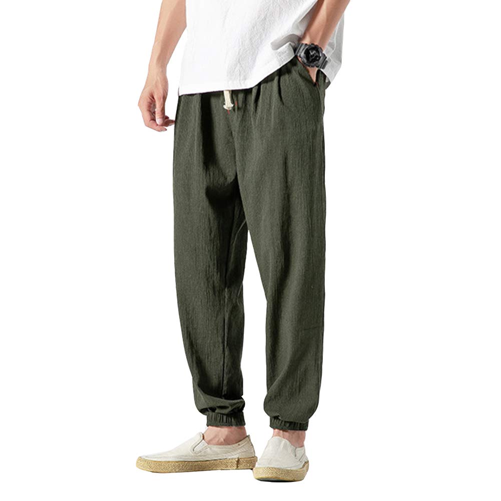 Vanvene - Pantaloni casual da uomo in lino e cotone, leggeri e larghi, da spiaggia, yoga, gamba ampia