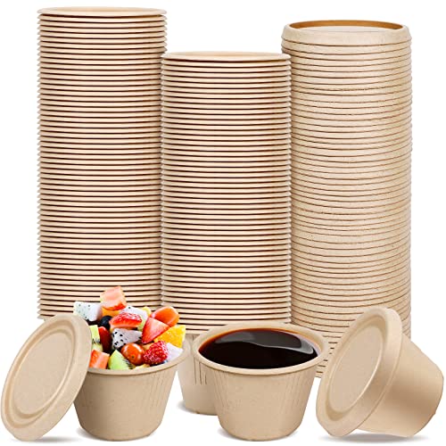 AEJMYS 100Pack 4 oz Bagasse Fiber Condiment Cups with Lids,Bagasse Fiber Souffle Cups,Compostable Portion Cups,Biodegradable Sample Cups for Snack Salad Dressing Ketchup
