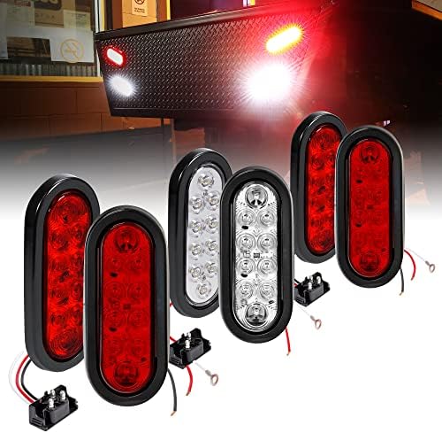 4 Red + 2 White 6" Oval LED Trailer Tail Light Kit [DOT FMVSS 108] [Grommets & Plugs Included] [IP67 Waterproof] [Stop Brake Turn Reverse] Back Up Trailer Lights for Marine Boat Trailer RV Truck