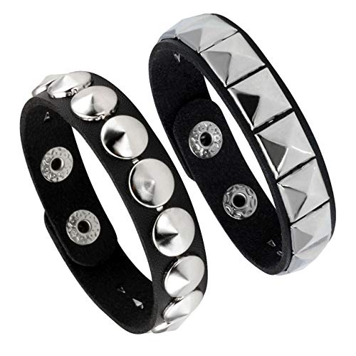 Manfnee Pulsera de cuero punk, pulsera trenzada con remaches para hombres y mujeres, ajustable, 9 inch, Cuero