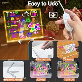 Fanrui 11.8 X 7.9 Inch Acrylic Dry Erase Board with Colors,Glowing LED Kids Drawing Note Memo Board, USB Power, Rewritable, Dimmable, Night Light, Clear Desktop White Board for Home Office School