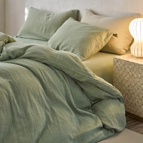 Image of EAVD Solid Mint Green Duvet Cover Queen Soft Breathable 100% Cotton Muslin Linen Like Gauze Comforter Cover with 2 Pillowcases Modern Simple Mint Green Comforter Cover with Zipper Closure