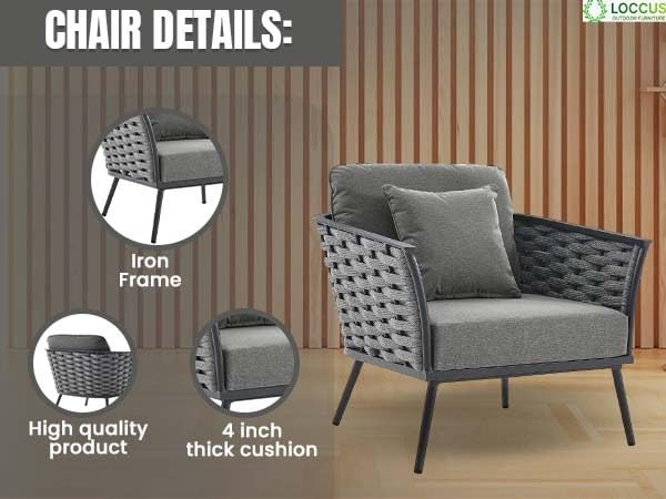 Image of LOCCUS 4-Piece Patio Rope Furniture Set - 6-Seater Outdoor Sofa with Wooden Top Table & Washable Cushions, Premium Conversation Set for Porch, Backyard & Garden (Grey)