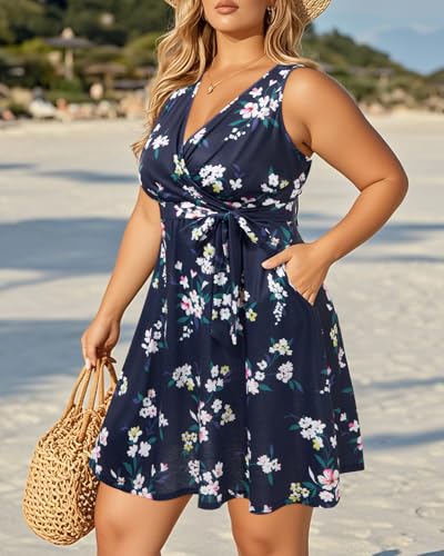 Image of Holipick Women's Plus Size Sleeveless V Neck Wrap Sundress Summer Casual Dress with Pockets