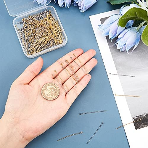 PandaHall 200 pcs Straight Pins 40mm 304 Stainless Steel Head Pin Findings for Earring Pendant Jewellery Making, Golden/Silver