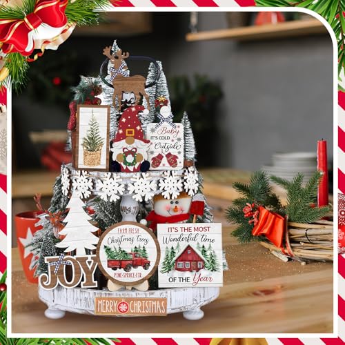 Christmas Tiered Tray Decor Winter Tiered Tray Decorations Set Snowman Snowflake Gnome Truck Wooden Signs Farmhouse Christmas Table Decorations for Home Table Shelf(Rustic Style) - Image 6