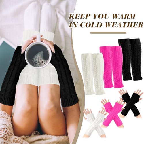 Image of Therwen 6 Pairs Knit Leg Warmers Arm Warmers Set for Women Cable Knit Leg Warmers Knee Warmers Thigh High Socks