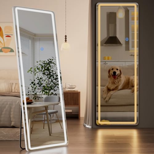 Image of Koonmi Full Length Mirror with LED Lights, 68 inchx26 inch Lighted Mirror with Dimming & 3 Color Lighting, Big Mirror for Bedroom, Dressing Room, Rectangle,White