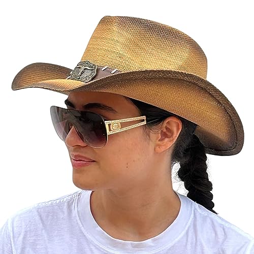 Image of SILVERFEVER Straw Cowboy Hat Cowgirl Hats Men Women Sun Hat Sombreros Vagueros Classic Western Accents Sombreros